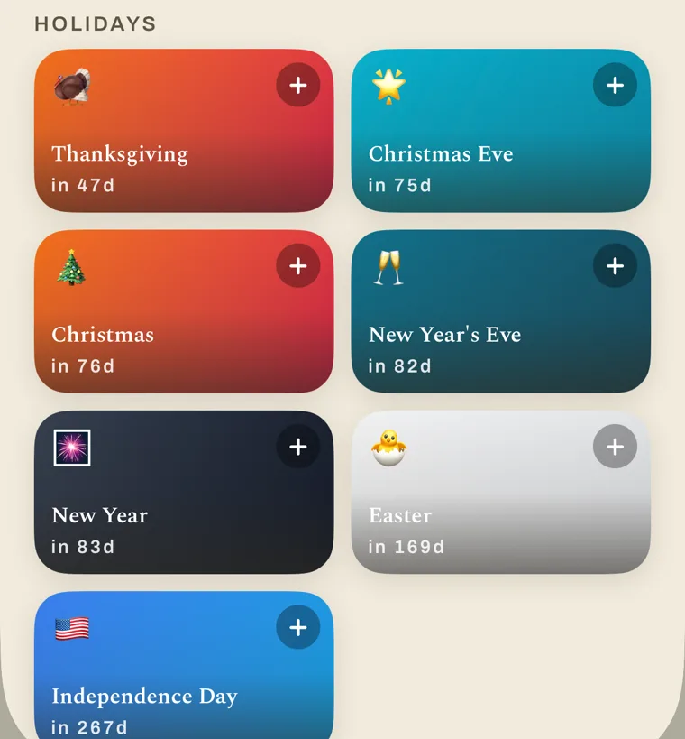 Discover holidays in Countdown Day: Thanksgiving in 47 days, Christmas Eve in 75, Christmas in 76, New Year's Eve in 82, New Year in 83, Easter in 169, Independence Day in 267