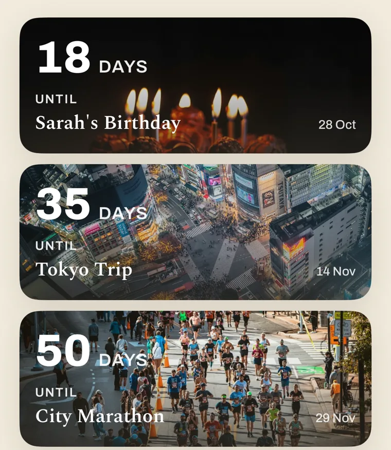 The events list in Countdown Day: 18 days until Sarah's Birthday, 35 days until Tokyo Trip, 50 days until City Marathon, each on its own photo
