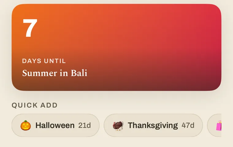 New event with Quick add chips: Halloween 21 days, Thanksgiving 47 days