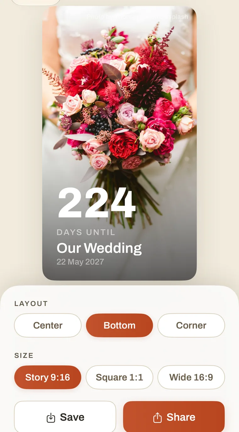 Share card editor: 224 days until Our Wedding on a bouquet photo, layout Bottom, size Story 9:16