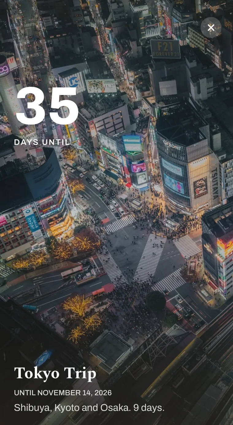 Full-screen countdown in Countdown Day: 35 days until Tokyo Trip over a photo of Shibuya crossing