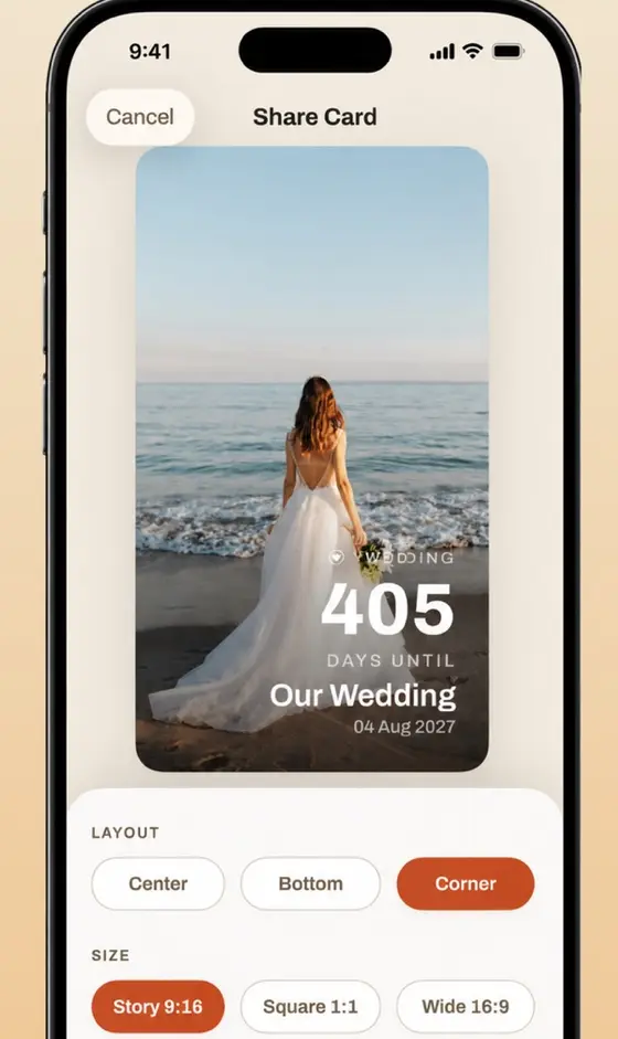 Countdown Day share card screen with a photo and a 405-day countdown